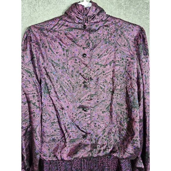 Patty O'Neil Purple Pink Abstract Paisley Modest Midi Dress Vintage Womens Sz 14 - Picture 12 of 15